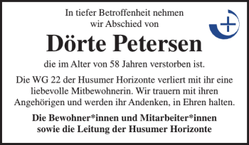 Traueranzeige von Dörte Petersen von Husumer Nachrichten