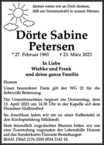 Traueranzeige von Dörte Sabine Petersen von Husumer Nachrichten