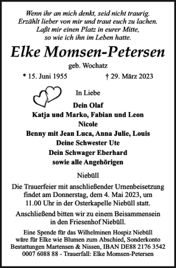 Traueranzeige von Elke Momsen-Petersen von Nordfriesland Tageblatt