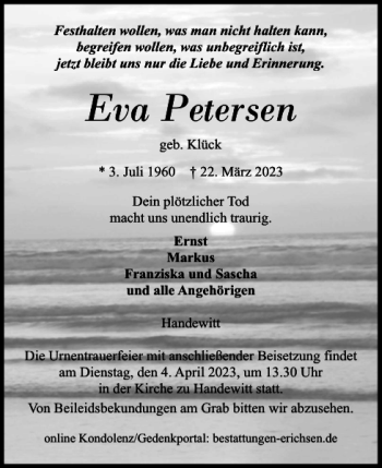 Traueranzeige von Eva Petersen von Flensburger Tageblatt