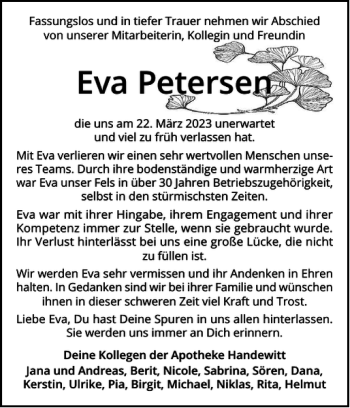 Traueranzeige von Eva Petersen von Flensburger Tageblatt