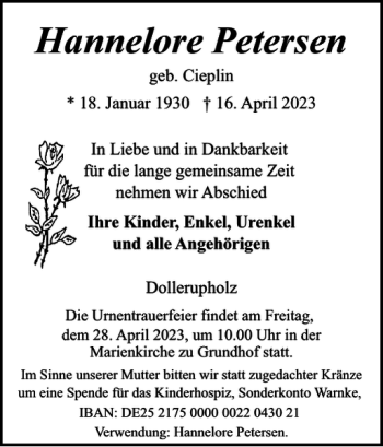 Traueranzeige von Hannelore Petersen von Flensburger Tageblatt