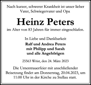Traueranzeige von Heinz Peters von Norddeutsche Rundschau