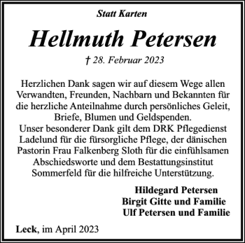 Traueranzeige von Hellmuth Petersen von Nordfriesland Tageblatt