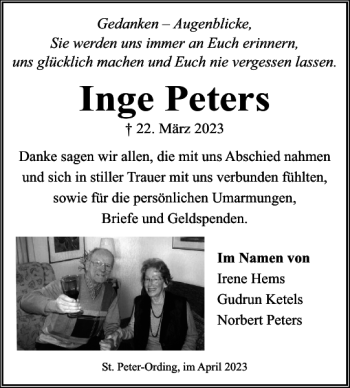 Traueranzeige von Inge Peters von Husumer Nachrichten