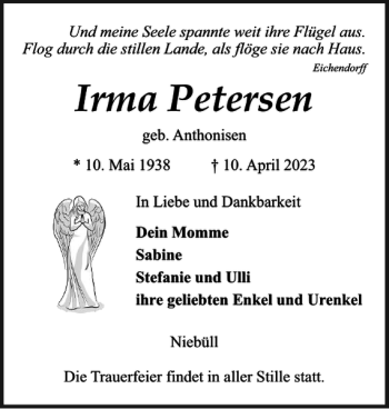 Traueranzeige von Irma Petersen von Nordfriesland Tageblatt
