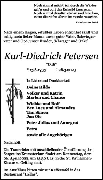 Traueranzeige von Karl-Diedrich Petersen von Flensburger Tageblatt