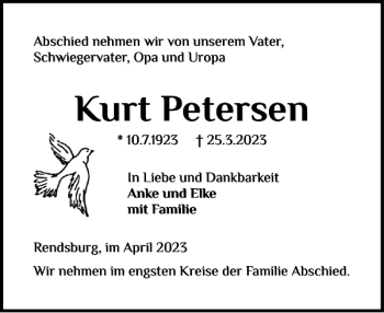 Traueranzeige von Kurt Petersen von Landeszeitung