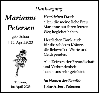 Traueranzeige von Marianne Petersen von Sylter Rundschau