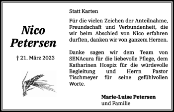 Traueranzeige von Nico Petersen von Flensburger Tageblatt