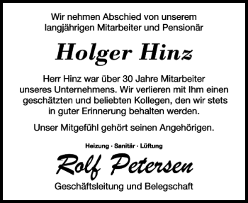 Traueranzeige von Rolf Petersen von Landeszeitung