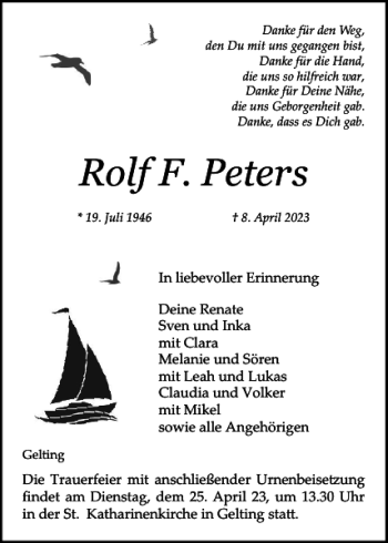 Traueranzeige von Rolf F. Peters von Flensburger Tageblatt