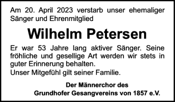 Traueranzeige von Wilhelm Petersen von Flensburger Tageblatt