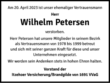 Traueranzeige von Wilhelm Petersen von Flensburger Tageblatt