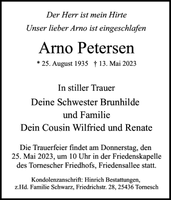 Traueranzeige von Arno Petersen von Norddeutsche Rundschau