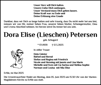 Traueranzeige von Dora Elise Lieschen Petersen von Landeszeitung