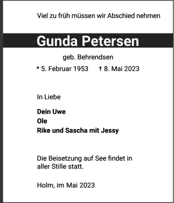 Traueranzeige von Gunda Petersen von Wedel-Schulauer Tageblatt