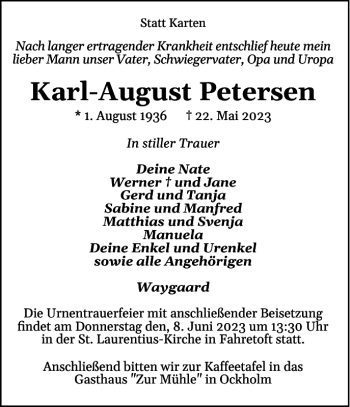 Traueranzeige von Karl-August Petersen von Nordfriesland Tageblatt