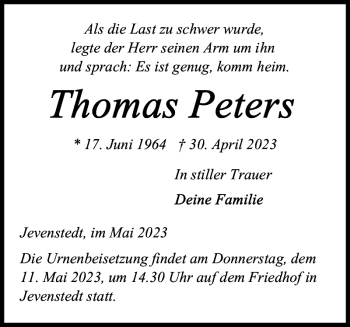 Traueranzeige von Thomas Peters von Landeszeitung