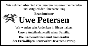 Traueranzeige von Uwe Petersen von Flensburger Tageblatt