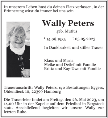 Traueranzeige von Wally Peters von Der Insel-Bote