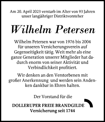 Traueranzeige von Wilhelm Petersen von Flensburger Tageblatt