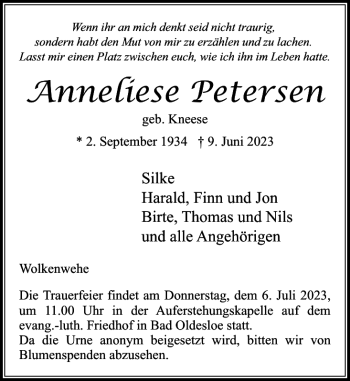 Traueranzeige von Anneliese Petersen von Stormarner Tageblatt