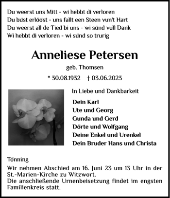 Traueranzeige von Anneliese Petersen von Husumer Nachrichten