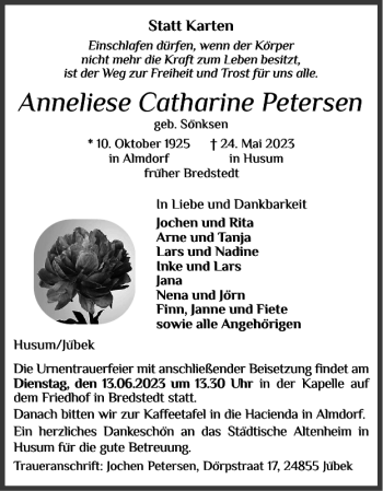 Traueranzeige von Anneliese Catharine Petersen von Husumer Nachrichten