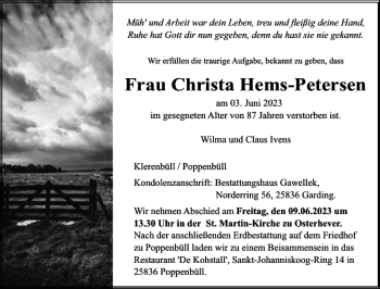 Traueranzeige von Frau Christa Hems-Petersen von Husumer Nachrichten