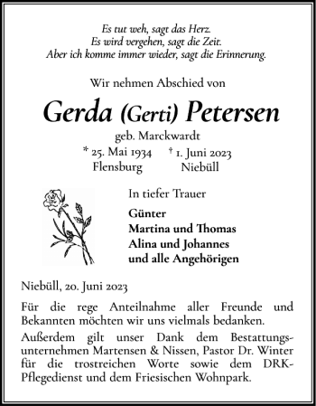 Traueranzeige von Gerda Petersen von Nordfriesland Tageblatt