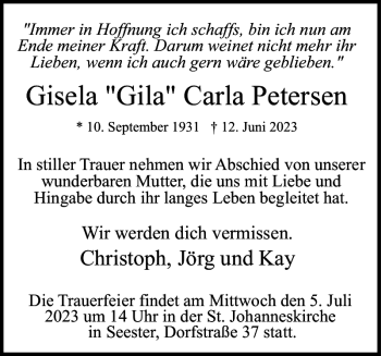 Traueranzeige von Gisela Gila Carla Petersen von Elmshorner Nachrichten