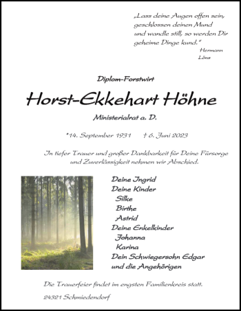 Traueranzeige von Horst-Ekkehart Höhne von Elmshorner Nachrichten