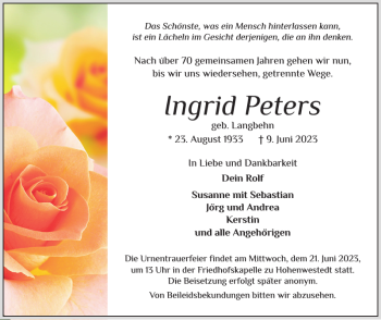 Traueranzeige von Ingrid Peters von Landeszeitung