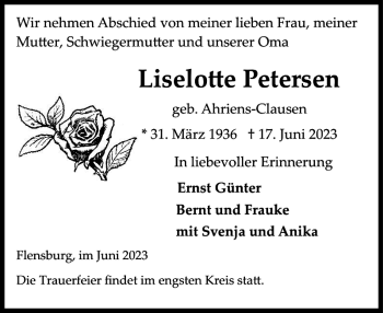 Traueranzeige von Liselo e Petersen von Flensburger Tageblatt