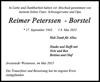 Traueranzeige von Reimer Peterssen - Borstel von Landeszeitung