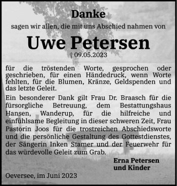 Traueranzeige von Uwe Petersen von Flensburger Tageblatt