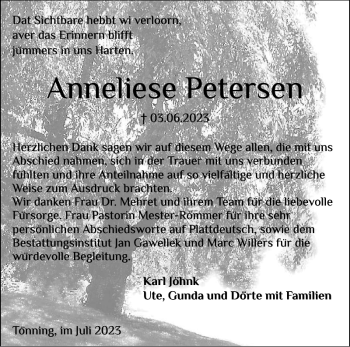 Traueranzeige von Anneliese Petersen von Husumer Nachrichten