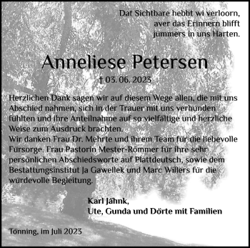 Traueranzeige von Anneliese Petersen von Husumer Nachrichten