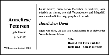 Traueranzeige von Anneliese Petersen von Stormarner Tageblatt