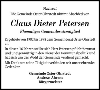 Traueranzeige von Claus Dieter Petersen von Husumer Nachrichten