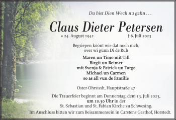 Traueranzeige von Claus Dieter Petersen von Flensburger Tageblatt