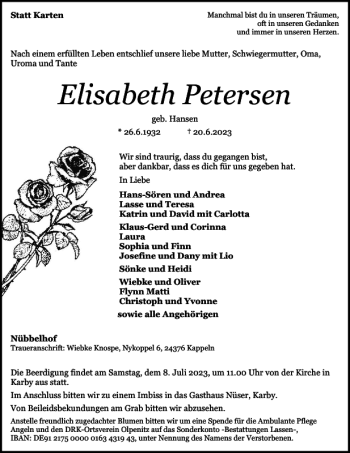 Traueranzeige von Elisabeth Petersen von Flensburger Tageblatt