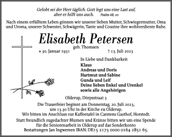 Traueranzeige von Elisabeth Petersen von Husumer Nachrichten