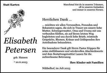 Traueranzeige von Elisabeth Petersen von Flensburger Tageblatt