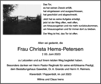Traueranzeige von Frau Christa Hems-Petersen von Husumer Nachrichten