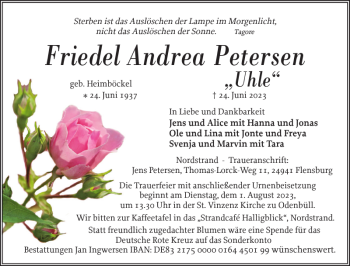 Traueranzeige von Friedel Andrea Petersen von Husumer Nachrichten