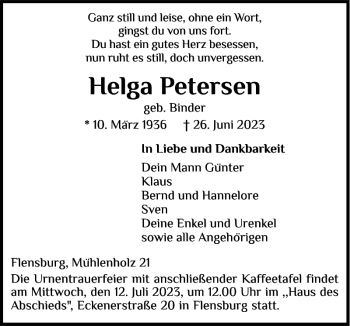 Traueranzeige von Helga Petersen von Flensburger Tageblatt
