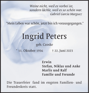 Traueranzeige von Ingrid Peters von Pinneberger Tageblatt