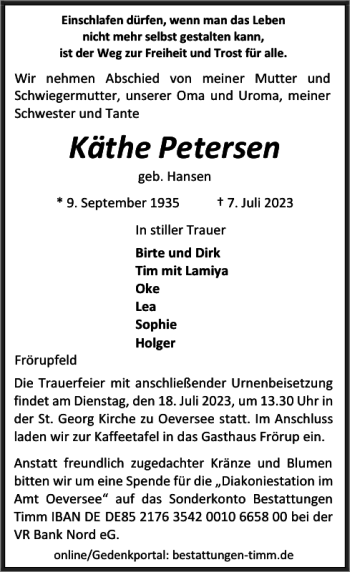 Traueranzeige von Käthe Petersen von Flensburger Tageblatt
